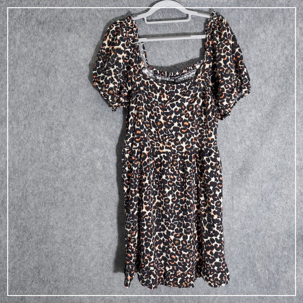 Who What Wear Dress L Soft Linen Leopard Smocked Flowy Breathable Puff Sleeve